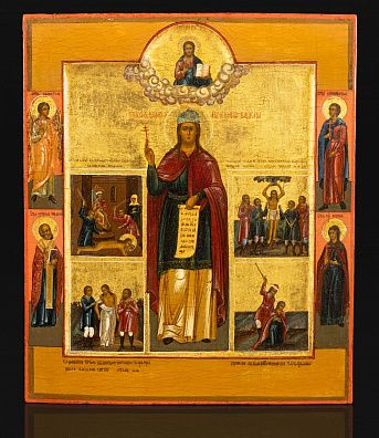Икона "Великомученица Варвара, со сценами жития и святыми на полях". Середина XIX века. Палех.