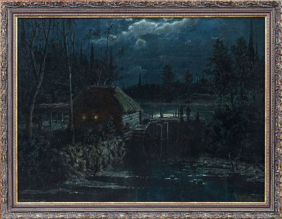 Неизвестный художник. Россия. 
Ночной пейзаж с водяной мельницей. 1890.
