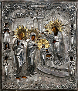 Икона "Введение во храм" с предстоящими святыми Алексием, Марией, Флором и Лавром. В серебряном окладе. XIX век.