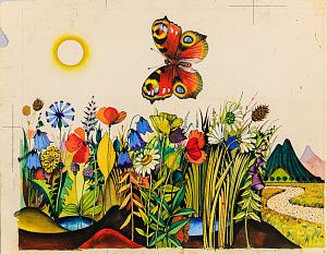 Пивоваров Виктор Дмитриевич (р.1937). Бабочка над цветочной поляной. Иллюстрация к книге И.Пивоваровой "Паучок и лунный свет". 1968.