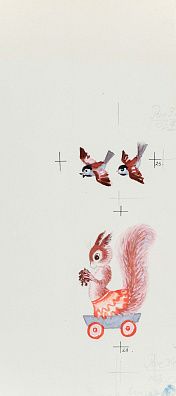 Корчемкин Лев Николаевич (1912-2001).
Белочка и воробьи. Иллюстрация к сборнику "Чудесный короб". Конец 1980-х.