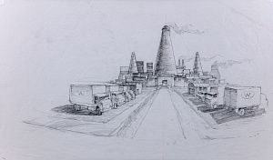 Алекс Тавуларис (Alex Tavoularis) (р. 1944). Эскиз фабрики Вилли Вонки к фильму Тима Бертона "Чарли и Шоколадная фабрика". 2005.