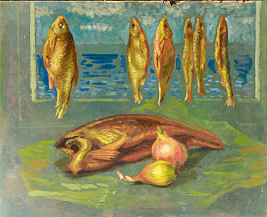 Неизвестный художник. Россия. Натюрморт с рыбами. 1970-е.