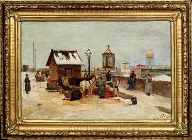 Неизвестный художник. Россия. 
Санкт-Петербург. Извозчики у Благовещенского моста. 1897.