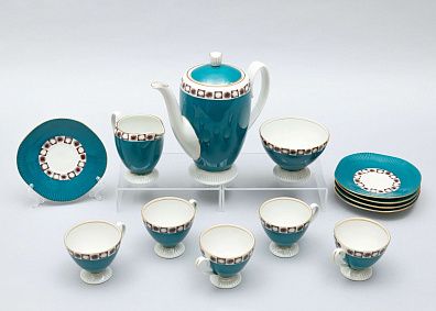 Кофейный сервиз с крытьем цвета морской волны. Польша, фабрика Ходзеж (Chodziez), 1960-70-е годы.