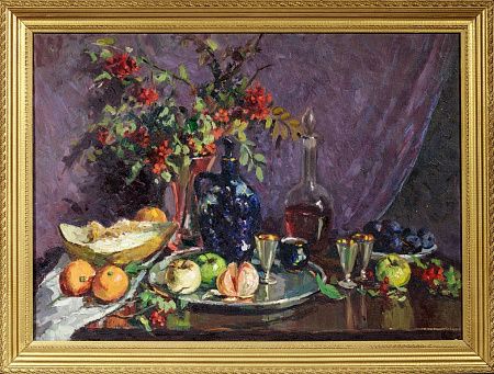 Рейтенбург Этель Моисеевна (1899-1970-е). (?)
Натюрморт с фруктами и букетом рябины. 1960-е - 1970-е.