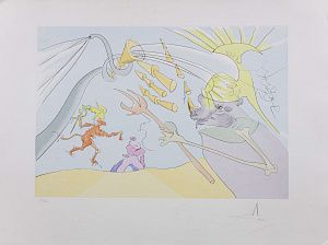 Сальвадор Дали (Salvador Dali) (1904-1989).  Слон и обезьяна Юпитера. Серия "Бестиарий Лафонтена". 1974.