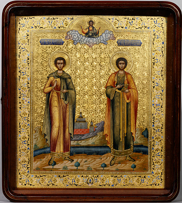 Икона "Мученик Трифон и великомученик Пантелеймон". В киоте. Мстера. Конец XIX - начало ХХ века.