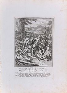 Каспар Лейкен (Caspar Luyken) (1672-1708).Самсон убивает тысячу врагов челюстью осла. Лист из Нюрнбергской Библии. 1700-е.