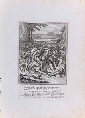 Каспар Лейкен (Caspar Luyken) (1672-1708).Самсон убивает тысячу врагов челюстью осла. Лист из Нюрнбергской Библии. 1700-е.