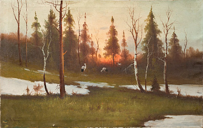 Брюквин Владимир Степанович (1875–1915).Пейзаж с журавлями. Конец XIX - начало ХХ века.