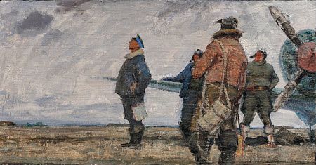 Неизвестный художник. Россия. 
Летчики на аэродроме. Третья четверть ХХ века.