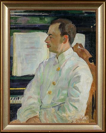 Жудина Ольга Дмитриевна (1889-1961). Портрет молодого человека у пианино. 1912.