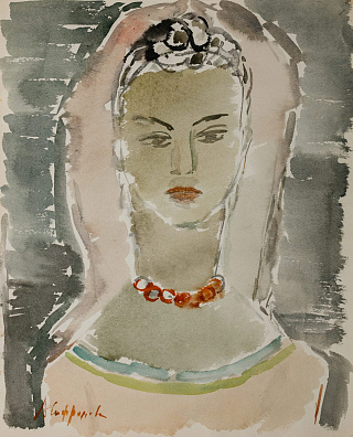 Софронова Антонина Федоровна (1892-1966).
Девушка в бусах. Портрет из серии "Женские образы". Начало 1960-х.